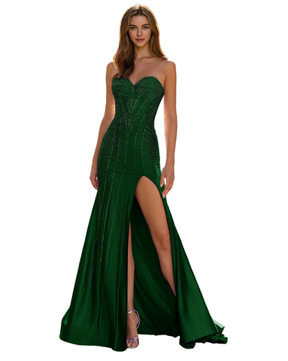 Strapless Sequin Column Prom Dress with Side Slit and Sweep Train