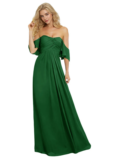 Off Shoulder Chiffon Bridesmaid Dress with Bow Sleeve Detail