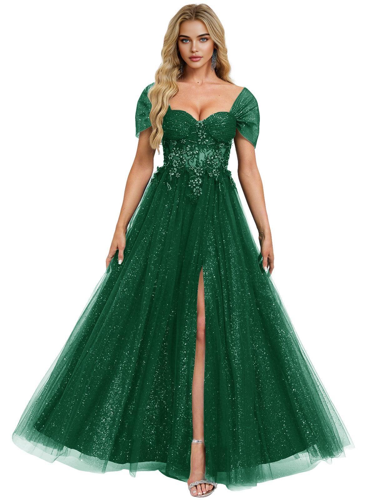 Short Sleeve Glitter Tulle Prom Dress with Illusion Bodice and Slit