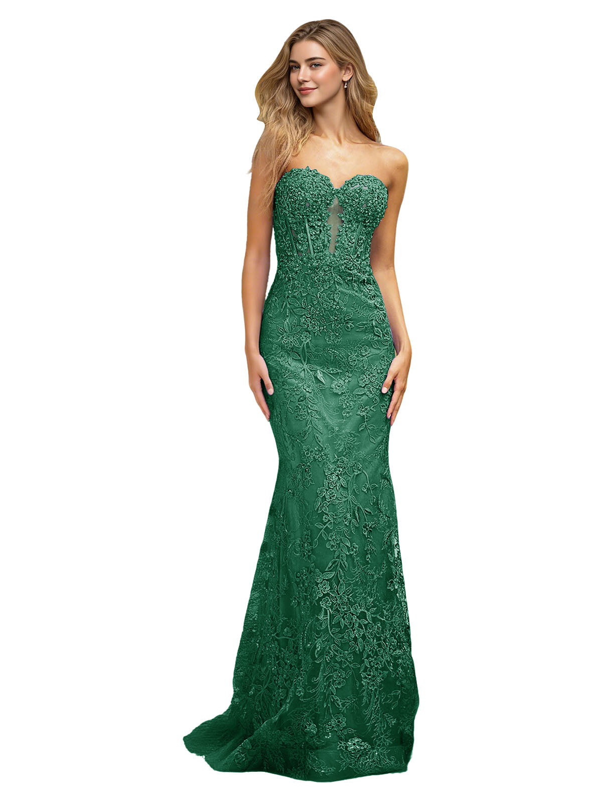 Strapless Floral Lace Mermaid Prom Dress with Sparkle Applique and Train