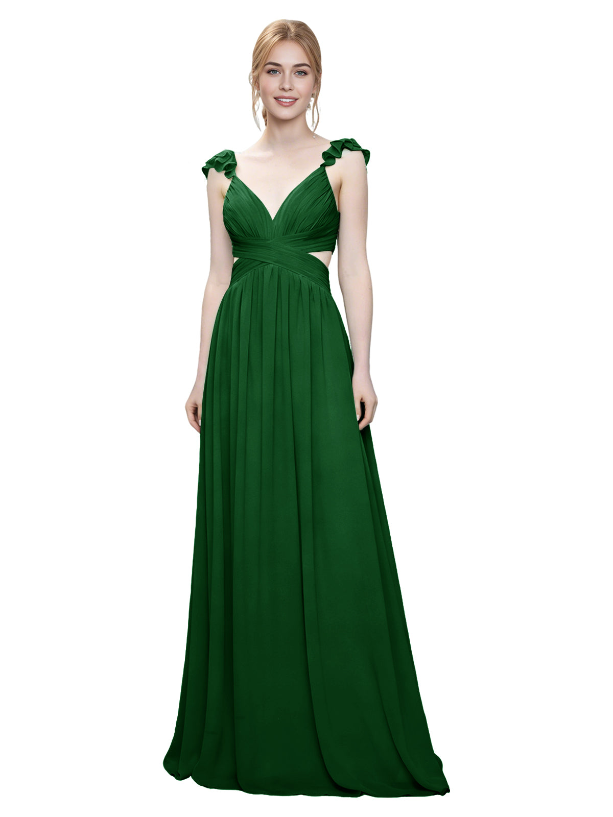 Ruffle Strap V-Neck Tulle Bridesmaid Dress with Pleated Waist