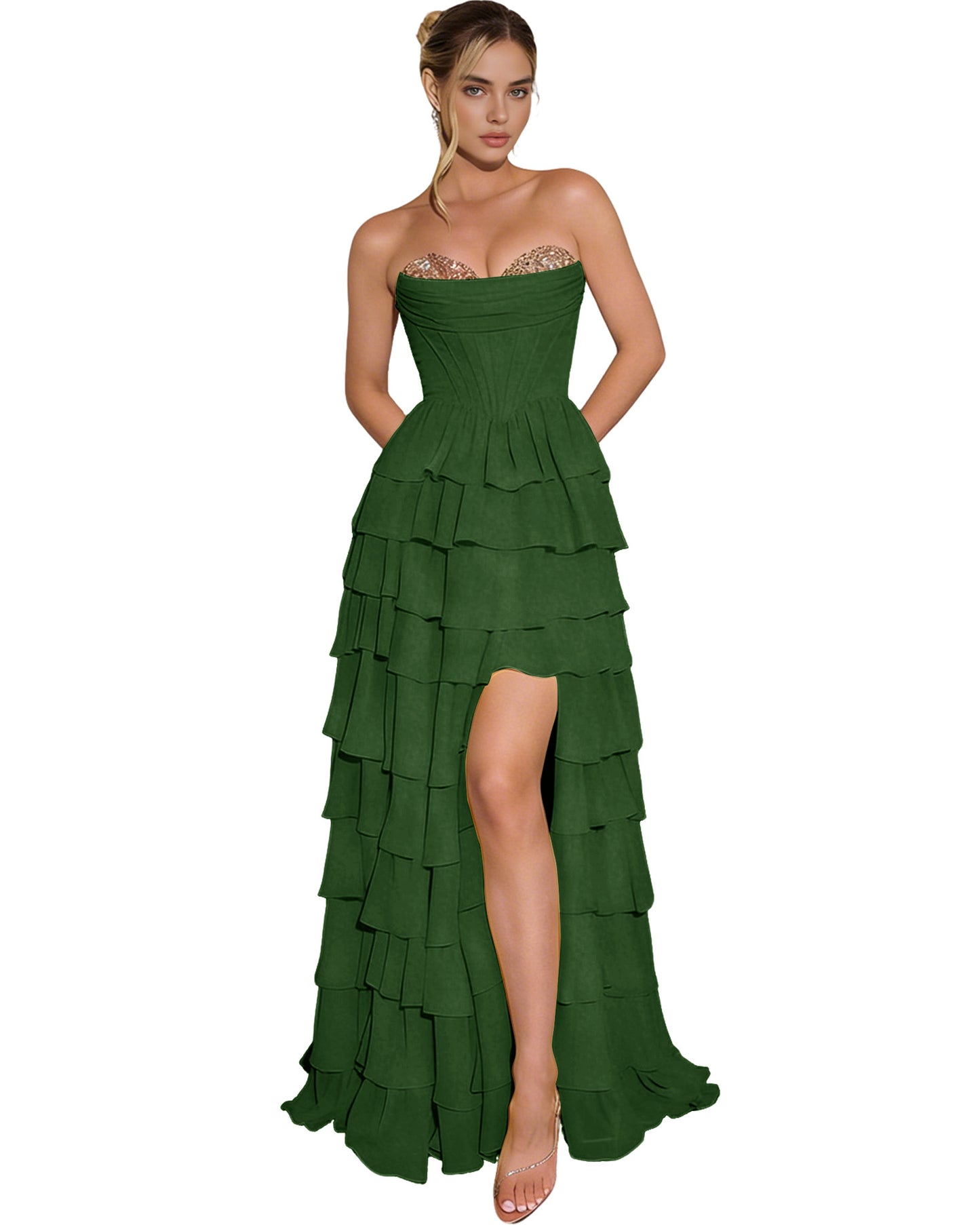 Strapless Layered Tulle Prom Dress with Corset Bodice and High Low Hem