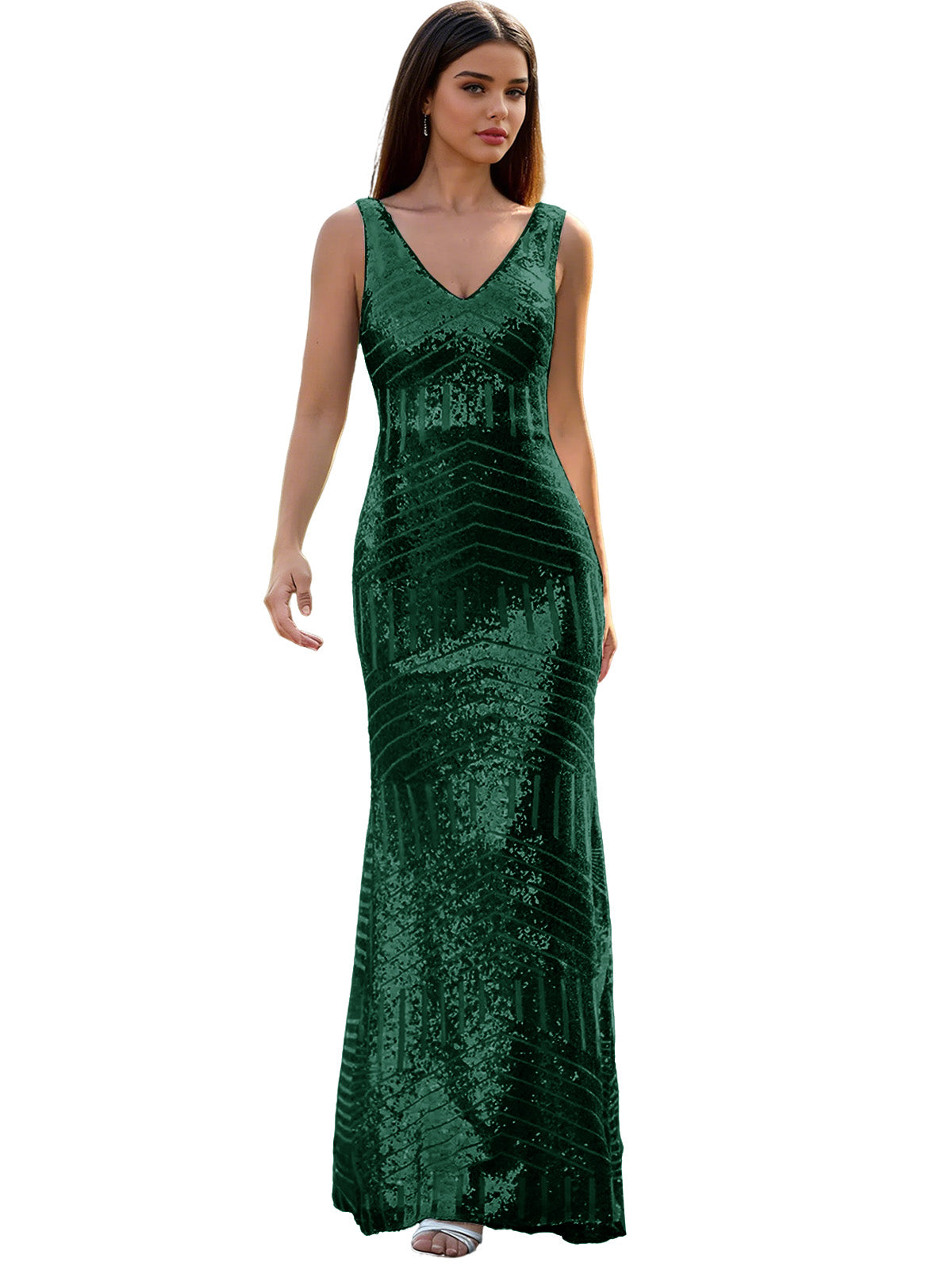 V-Neck Sequin Column Prom Dress with Beaded Waist and Low Back