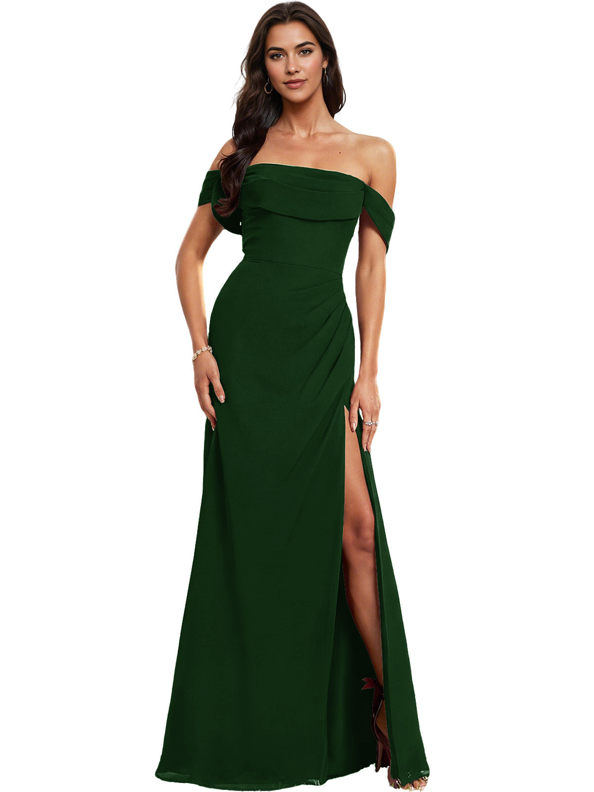 Off Shoulder Crepe Bridesmaid Dress with Foldover Neckline and Slit