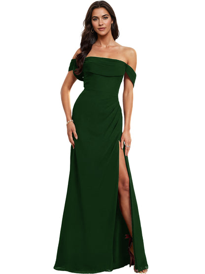 Off Shoulder Crepe Bridesmaid Dress with Foldover Neckline and Slit