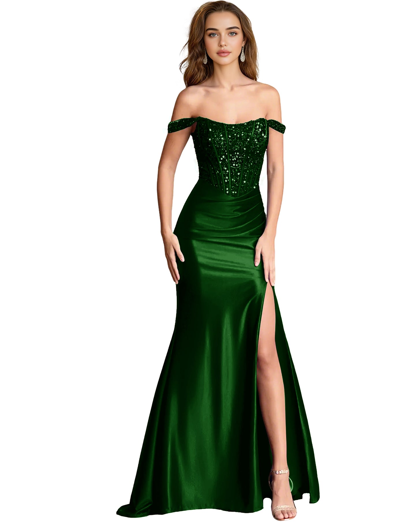 Off Shoulder Sequin Satin Mermaid Dress with Draped dress Slit