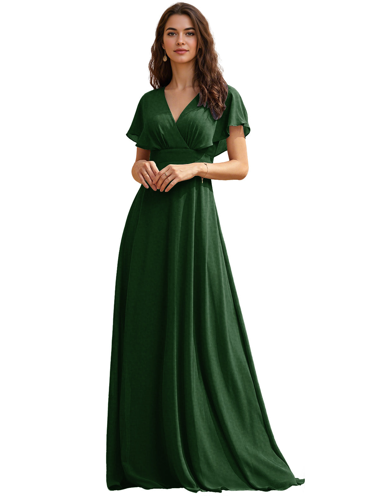 Flutter Sleeve V-Neck Chiffon Bridesmaid Dress with Flowing dress