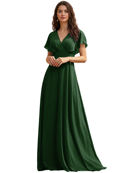 Flutter Sleeve V-Neck Chiffon Bridesmaid Dress with Flowing dress