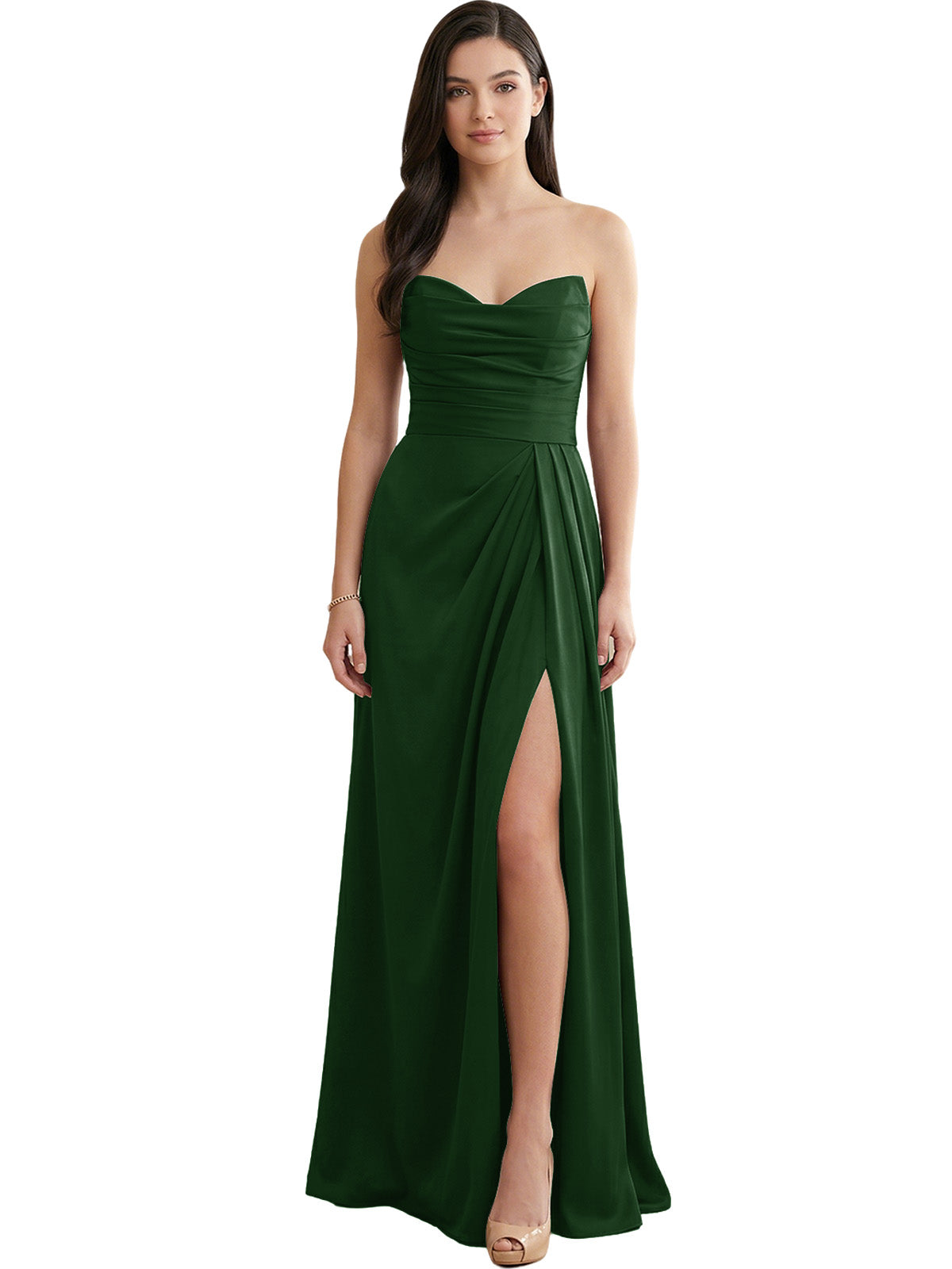 Strapless Pleated Satin Bridesmaid Dress with Side Slit