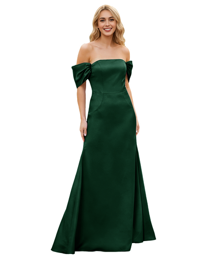 Off Shoulder Satin Bridesmaid Dress with Foldover Neckline and Trumpet Dress