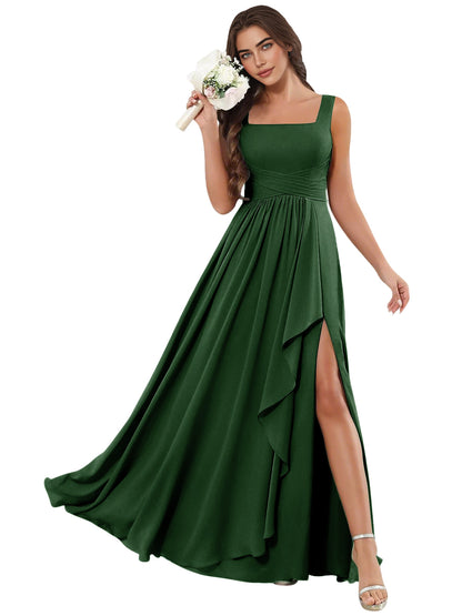 Square Neck Chiffon Bridesmaid Dress with Corset Back and Slit