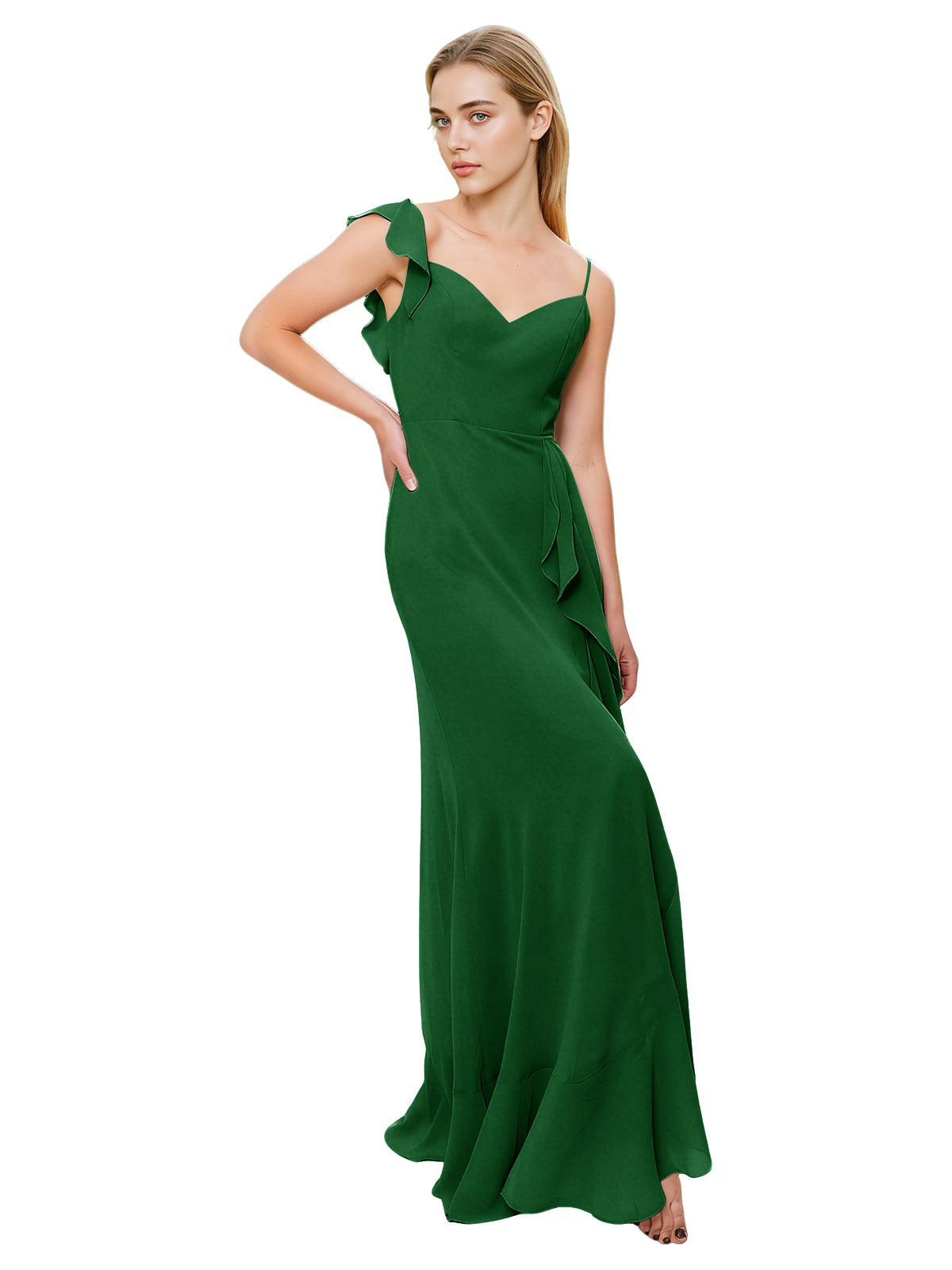 V-Neck Ruffle Strap Bridesmaid Dress with Cascading Chiffon Dress
