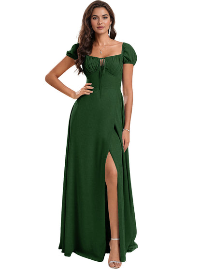Ruched Short Sleeve Chiffon Bridesmaid Dress with Side Slit
