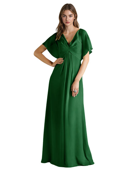 Short Sleeve V-Neck Chiffon Bridesmaid Dress with Gathered Waist