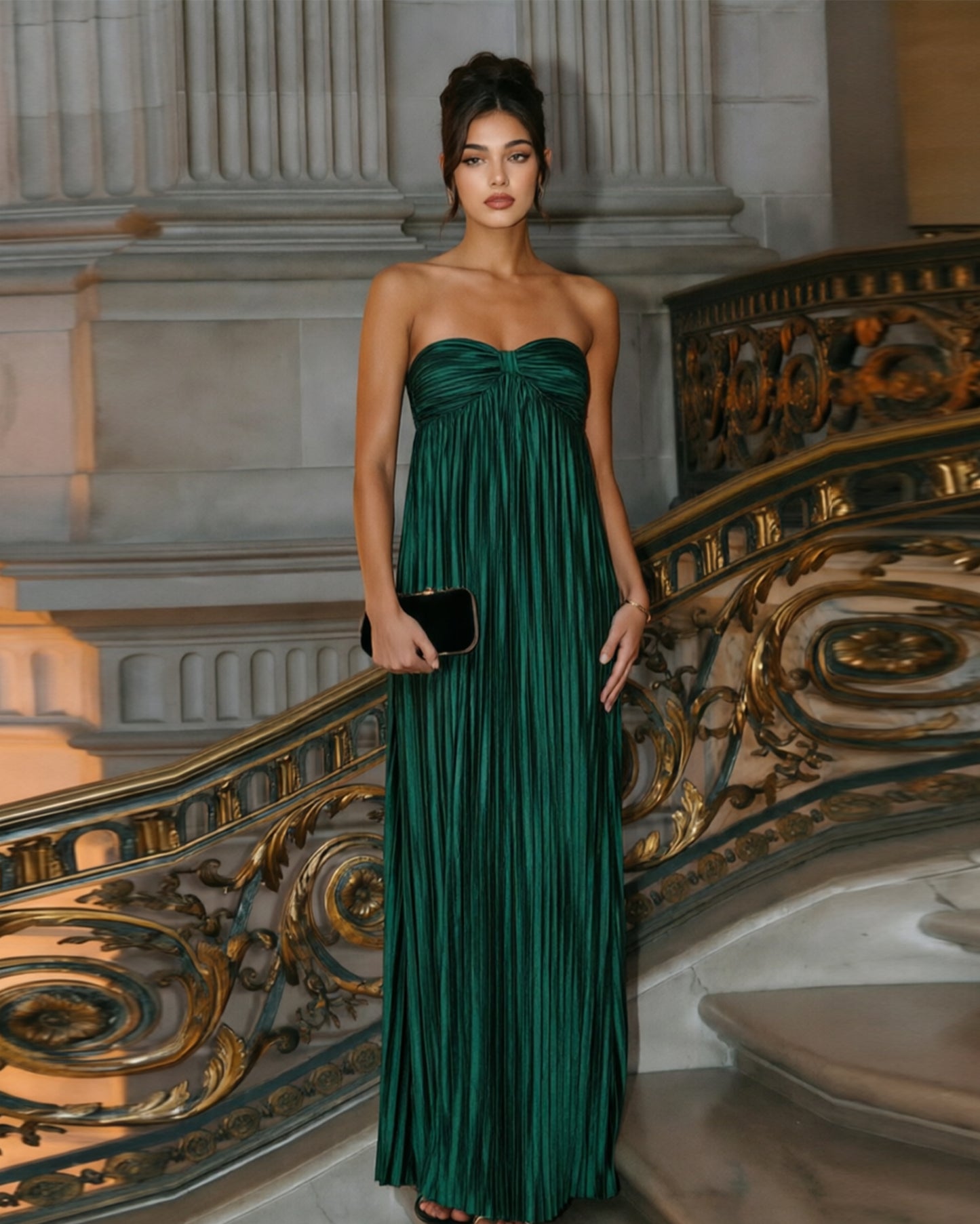 Strapless Pleated Metallic Formal Dress with Sweetheart Bodice