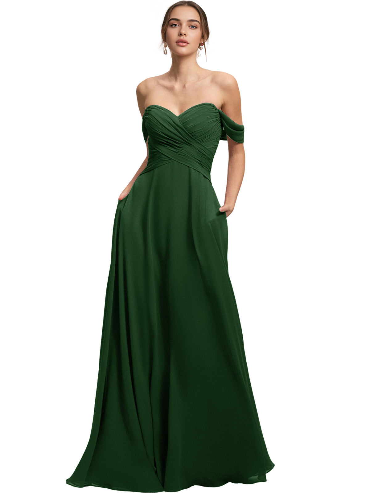 Off Shoulder Chiffon Bridesmaid Dress with Draped Bodice and A-Line Dress