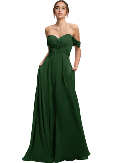 Off Shoulder Chiffon Bridesmaid Dress with Draped Bodice and A-Line Dress