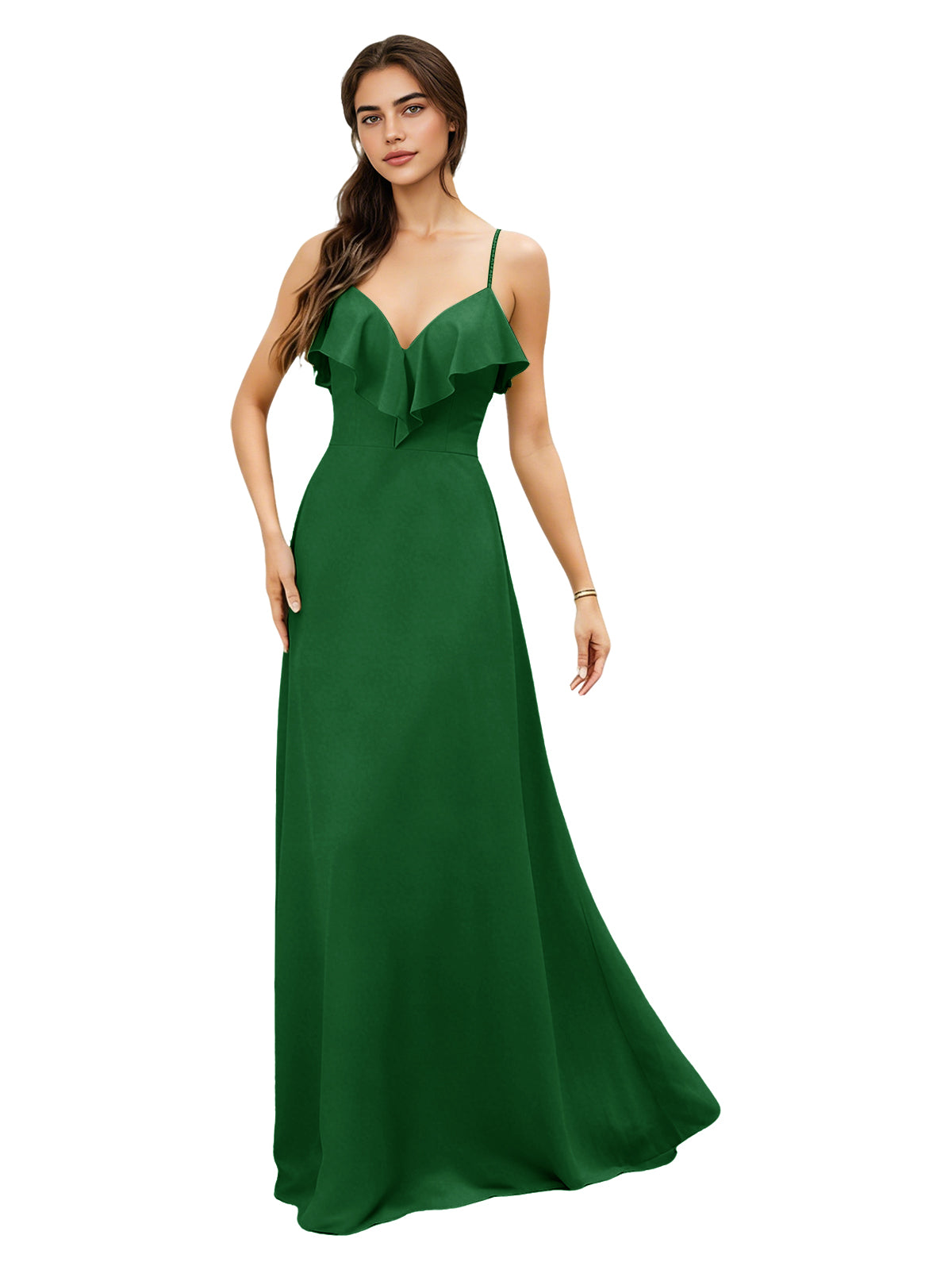 Ruffle V-Neck Chiffon Bridesmaid Dress with Spaghetti Straps