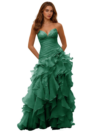 Strapless Organza Ruffle Ball Gown Prom Dress with Draped Corset Bodice