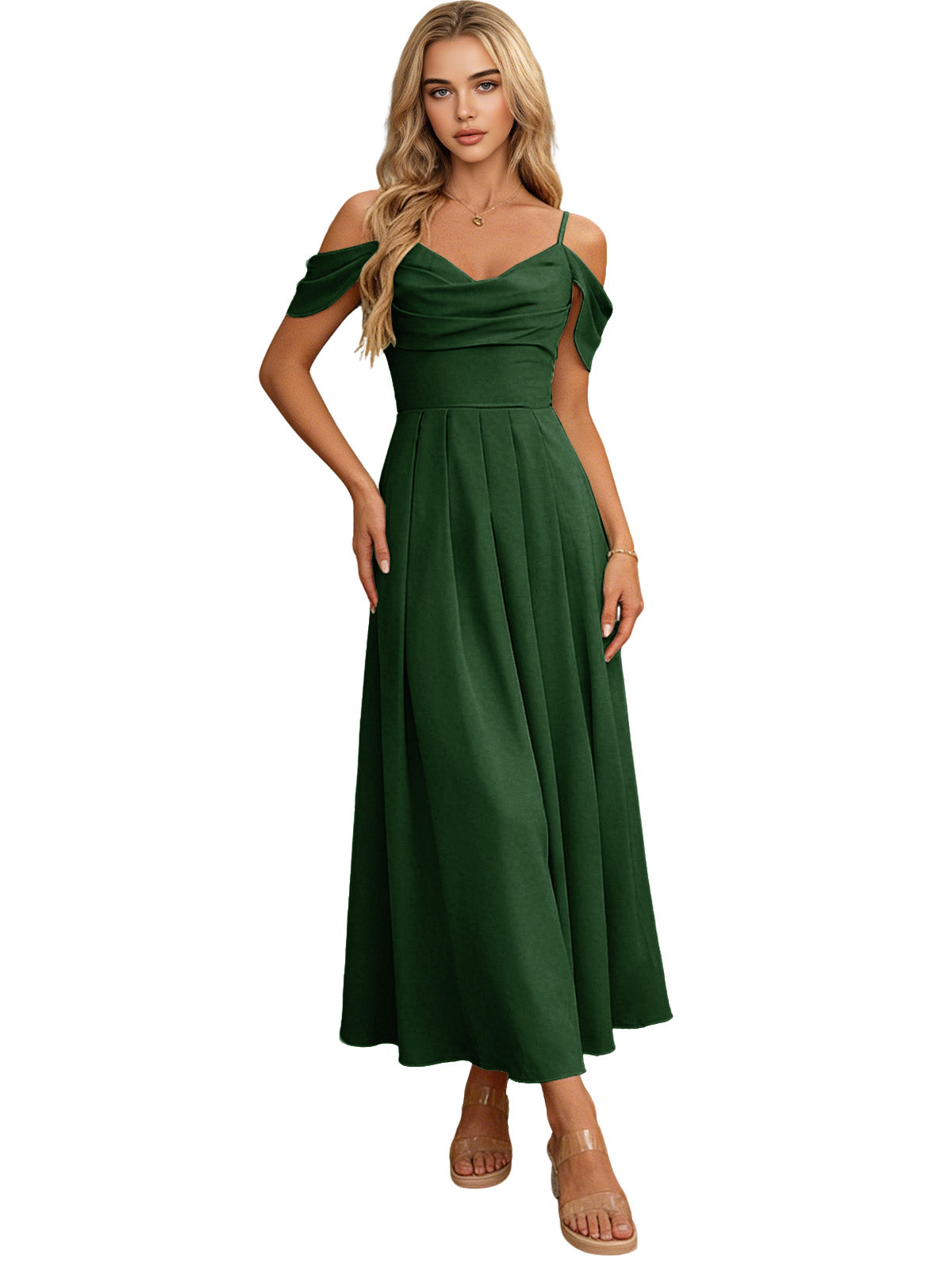 Off Shoulder Midi Bridesmaid Dress with Pleated Bodice and Flowing dress