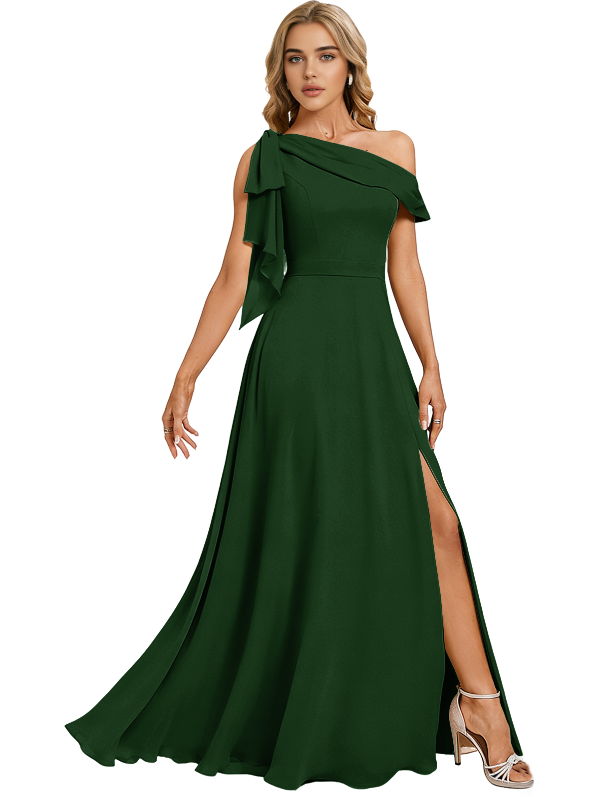 Asymmetric Off Shoulder Bridesmaid Dress with Draped Sleeve and Slit
