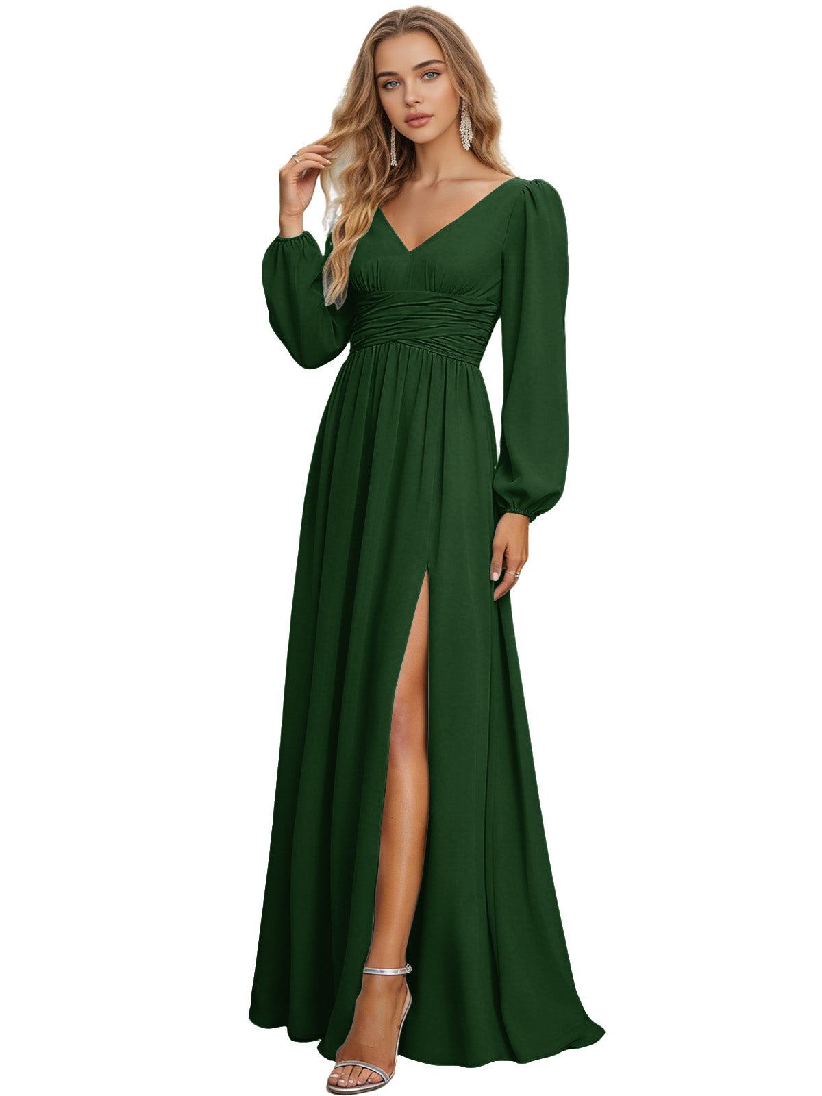 Long Sleeve V-Neck Chiffon Bridesmaid Dress with Front Slit