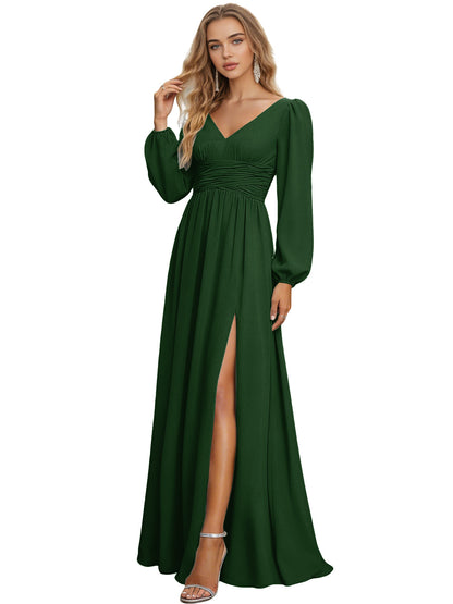 Long Sleeve V-Neck Chiffon Bridesmaid Dress with Front Slit