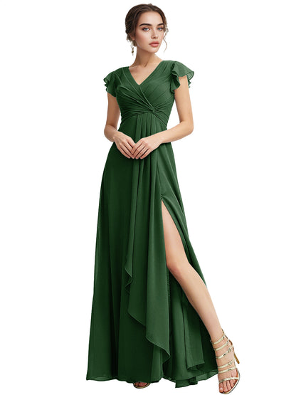 Cap Sleeve Chiffon Bridesmaid Dress with Ruffle V-Neck and Slit