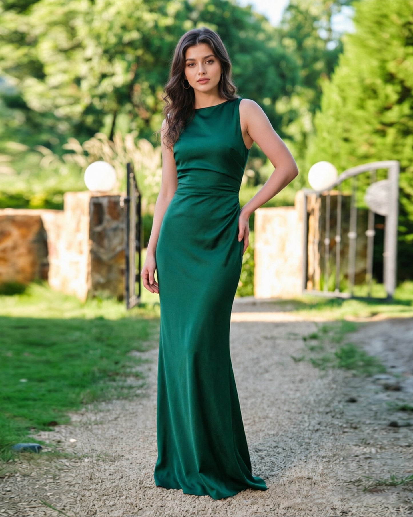 High Neck Satin Column Formal Dress with Sleek Draped Waist