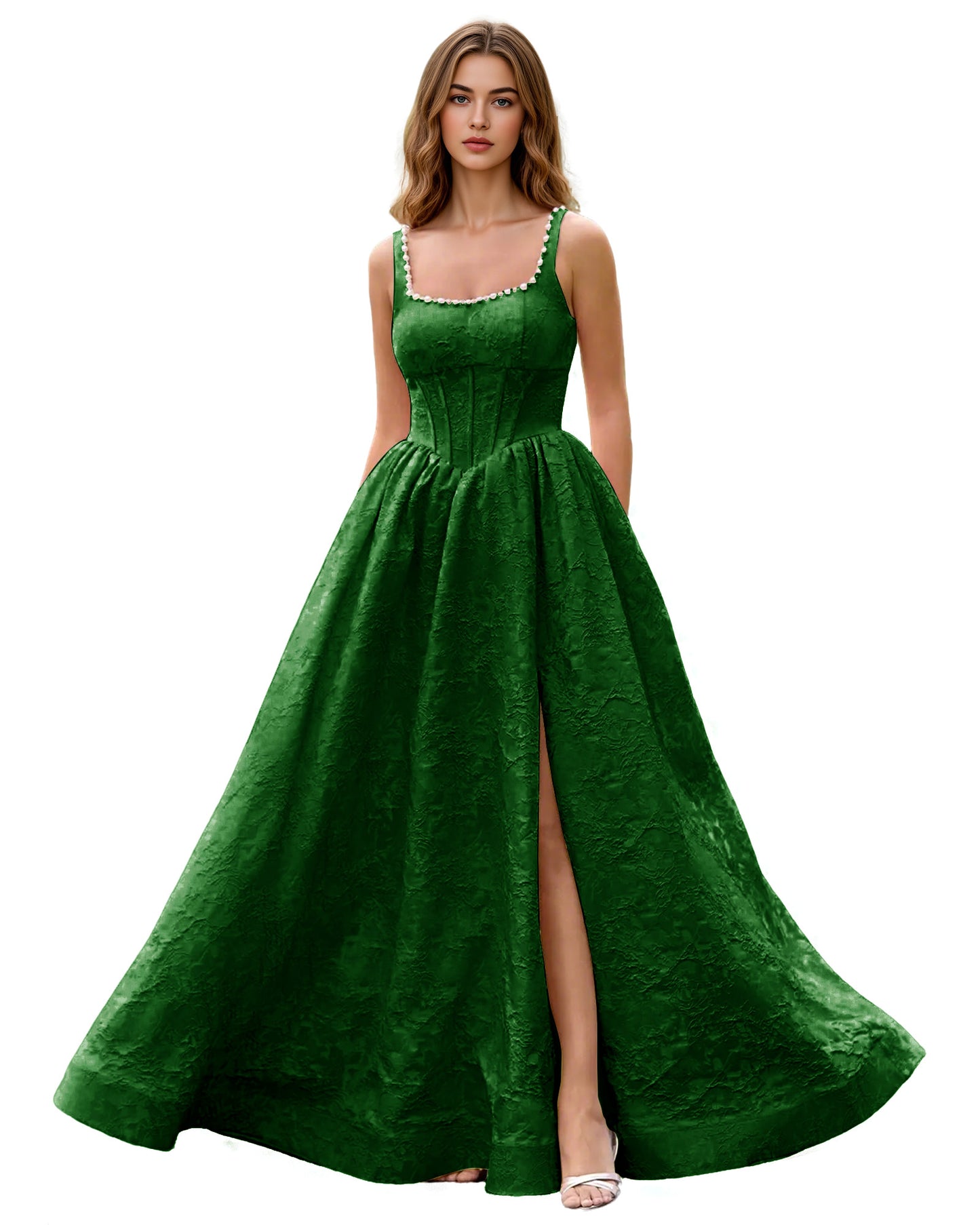 Square Neck Jacquard Ball Gown Prom Dress with Wide Straps and Pockets