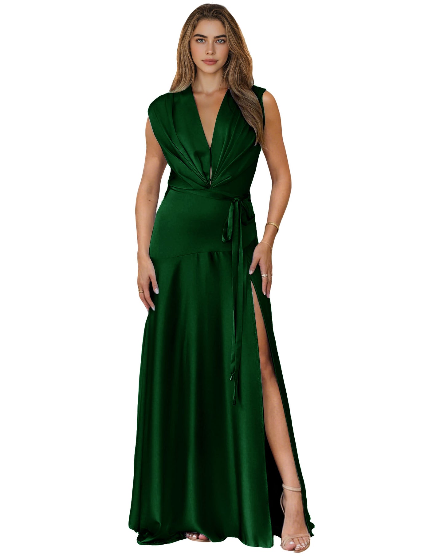 Plunging V-Neck Satin A-Line Prom Dress with Wrap Waist and Slit