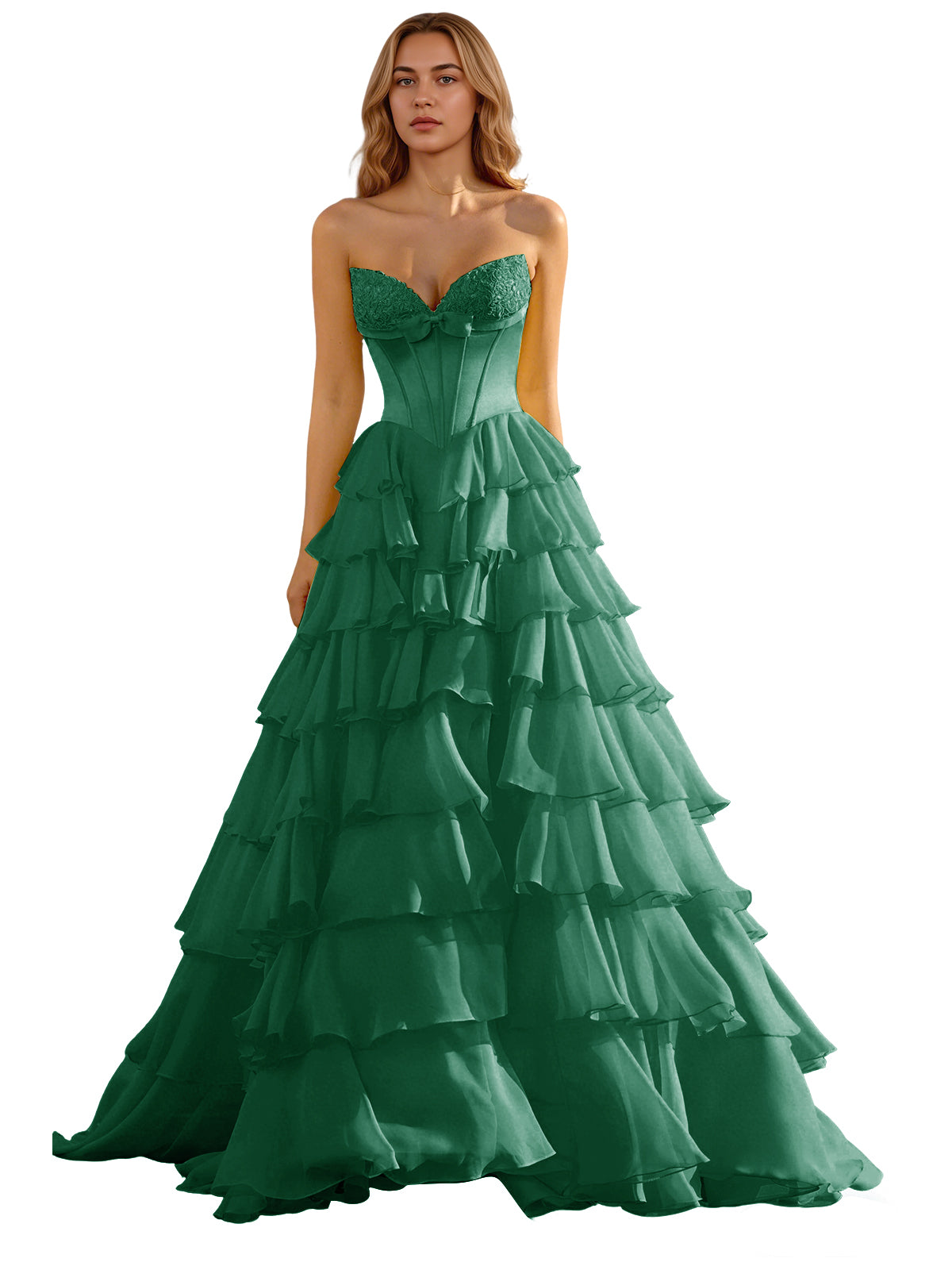 Strapless Tiered Organza Ball Gown Prom Dress with Corset Top
