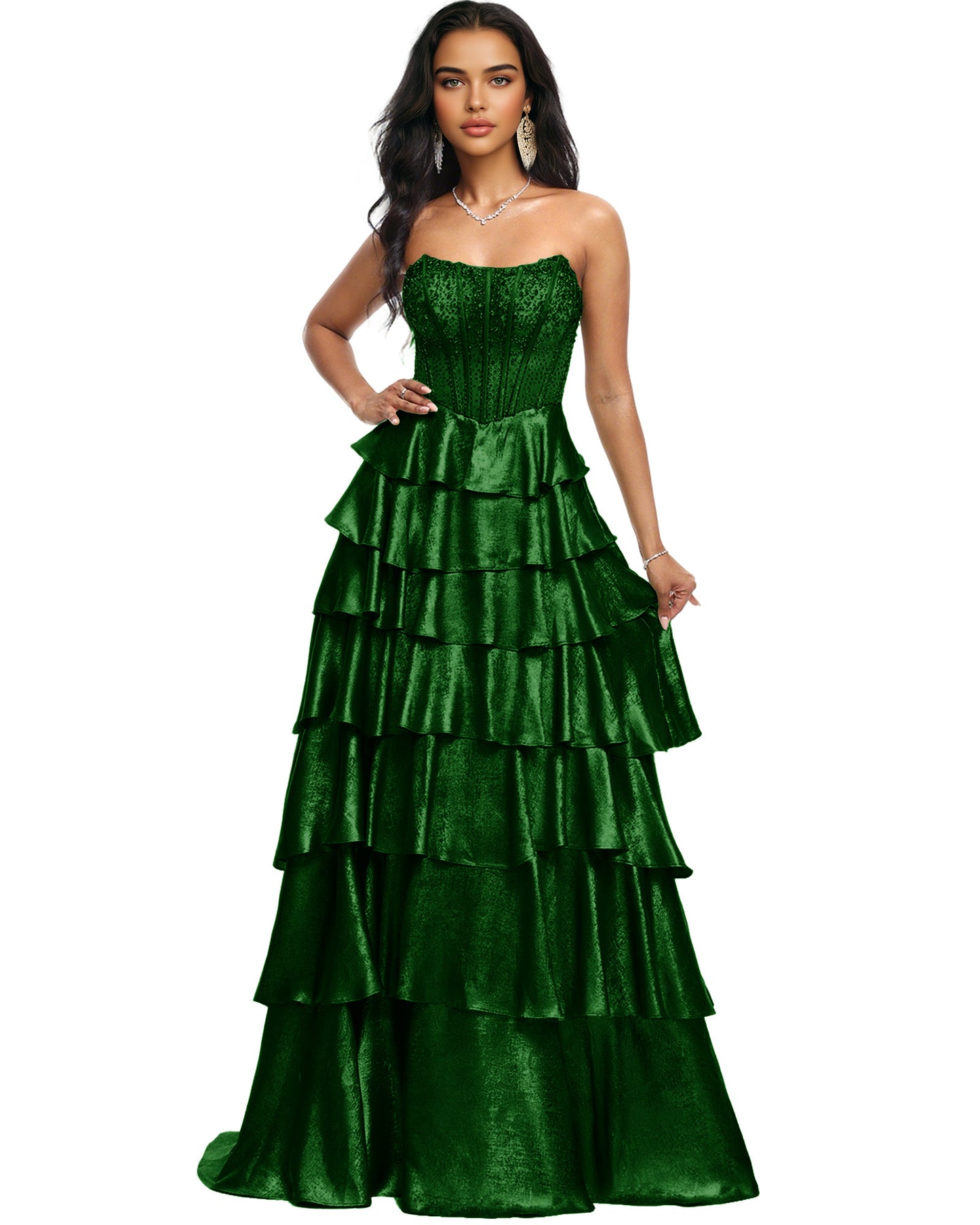 Strapless Tiered Sequin A-Line Prom Dress with Ruffle Layers