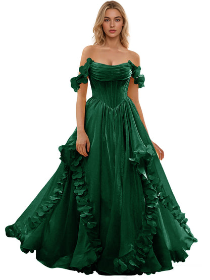 Off Shoulder Ruffle Tulle Ball Gown Prom Dress with Floral Applique