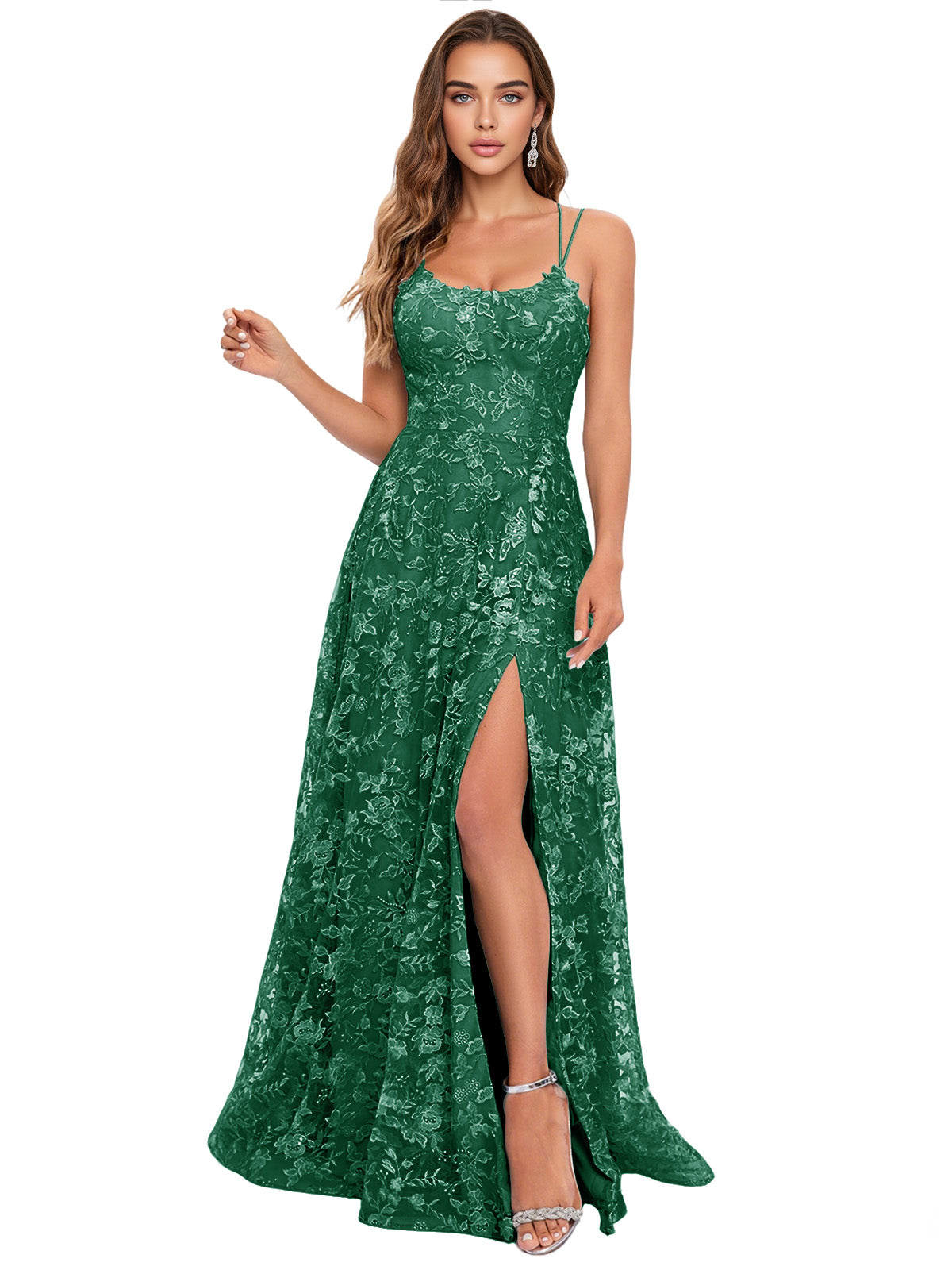 Scoop Neck Lace A-Line Prom Dress with Spaghetti Straps and Side Slit