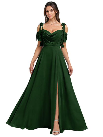Cowl Neck Cold Shoulder Bridesmaid Dress with High Slit Chiffon Dress