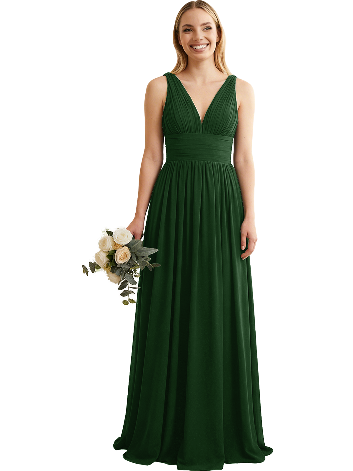 Deep V-Neck Chiffon Bridesmaid Dress with Pleated Waist
