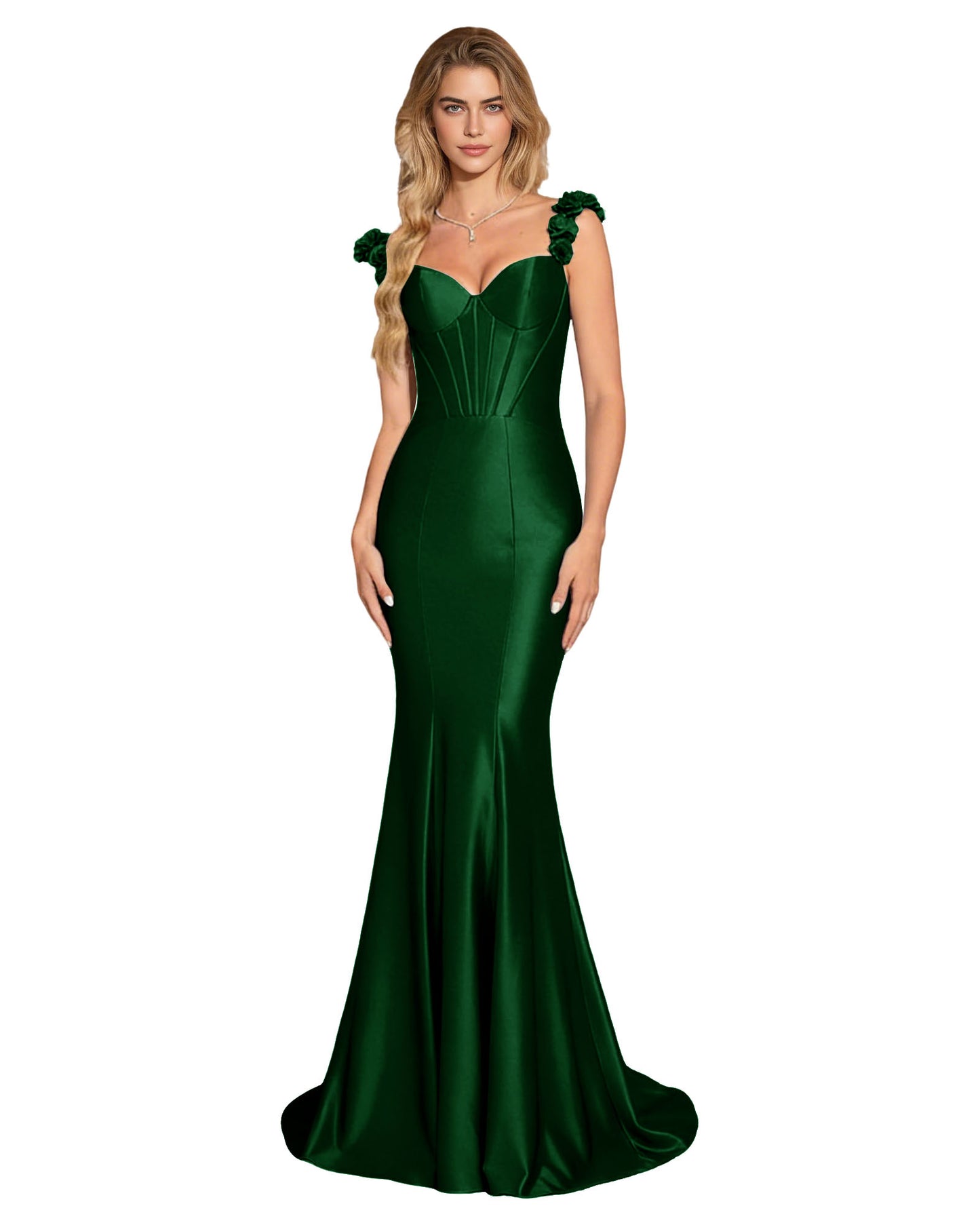 Floral Strap Satin Mermaid Prom Dress with Corset Bodice and Sweep Train