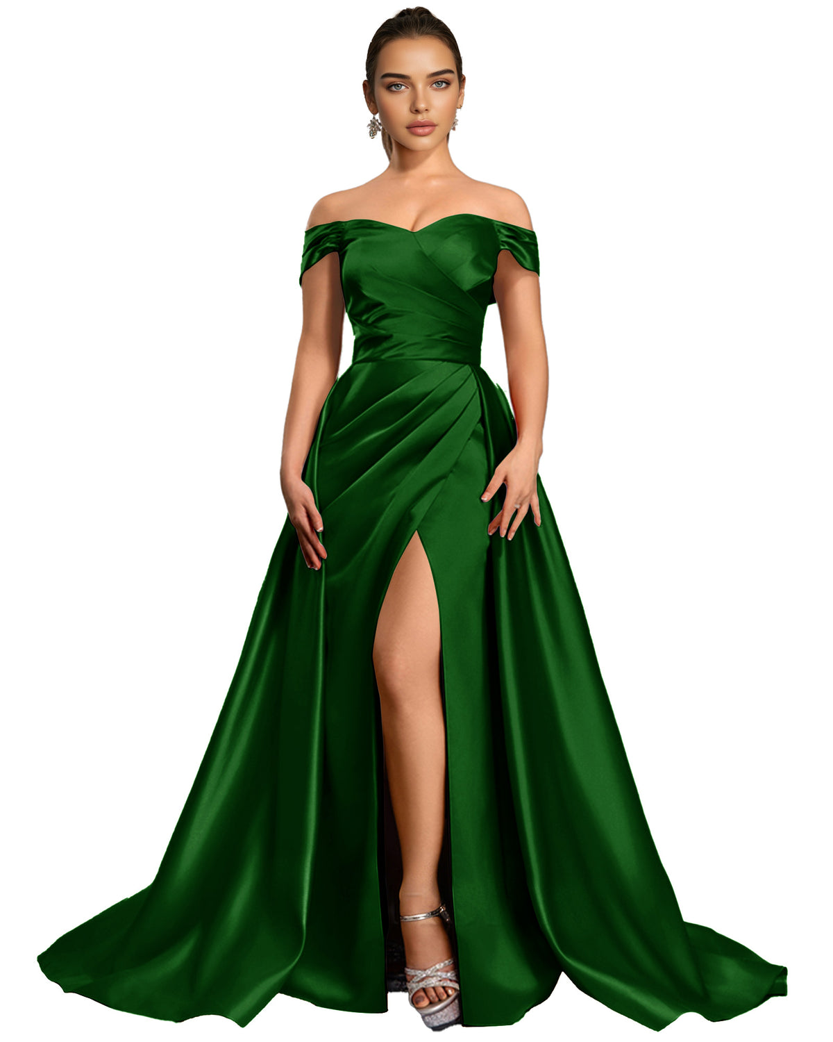 Off Shoulder Satin Ball Gown Prom Dress with Draped Bodice and Slit