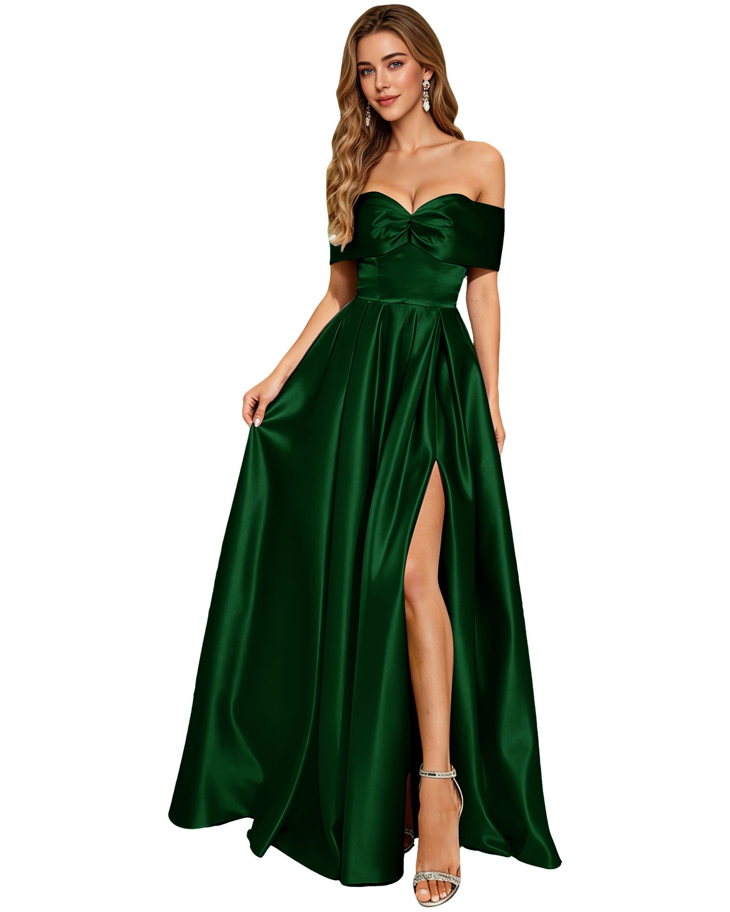 Strapless Bow Satin A-Line Prom Dress with Pleated Bodice and Slit