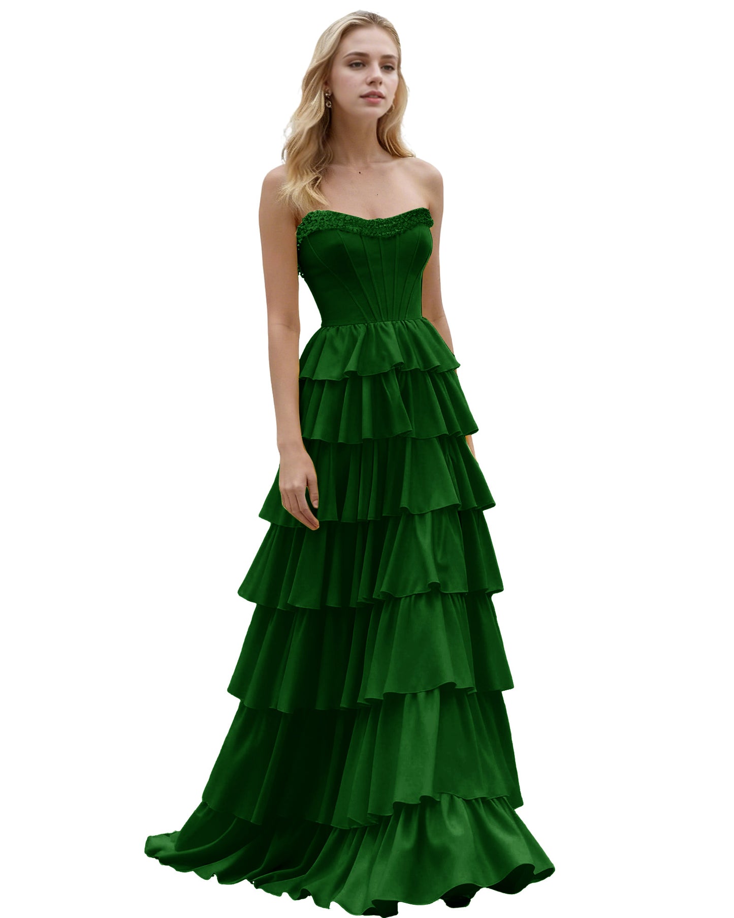Strapless Tiered Ruffle A-Line Prom Dress with Corset Bodice