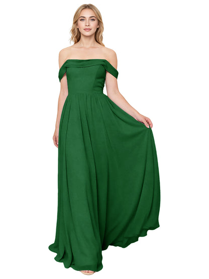 Off Shoulder Pleated Chiffon Bridesmaid Dress with Flowing A-Line Dress