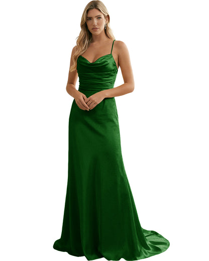 Spaghetti Straps Ruched Satin Floor Length Bridesmaid Dress