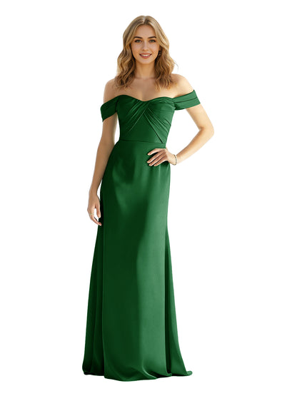 Sweetheart Off Shoulder Satin Bridesmaid Dress with Wrapped Bodice