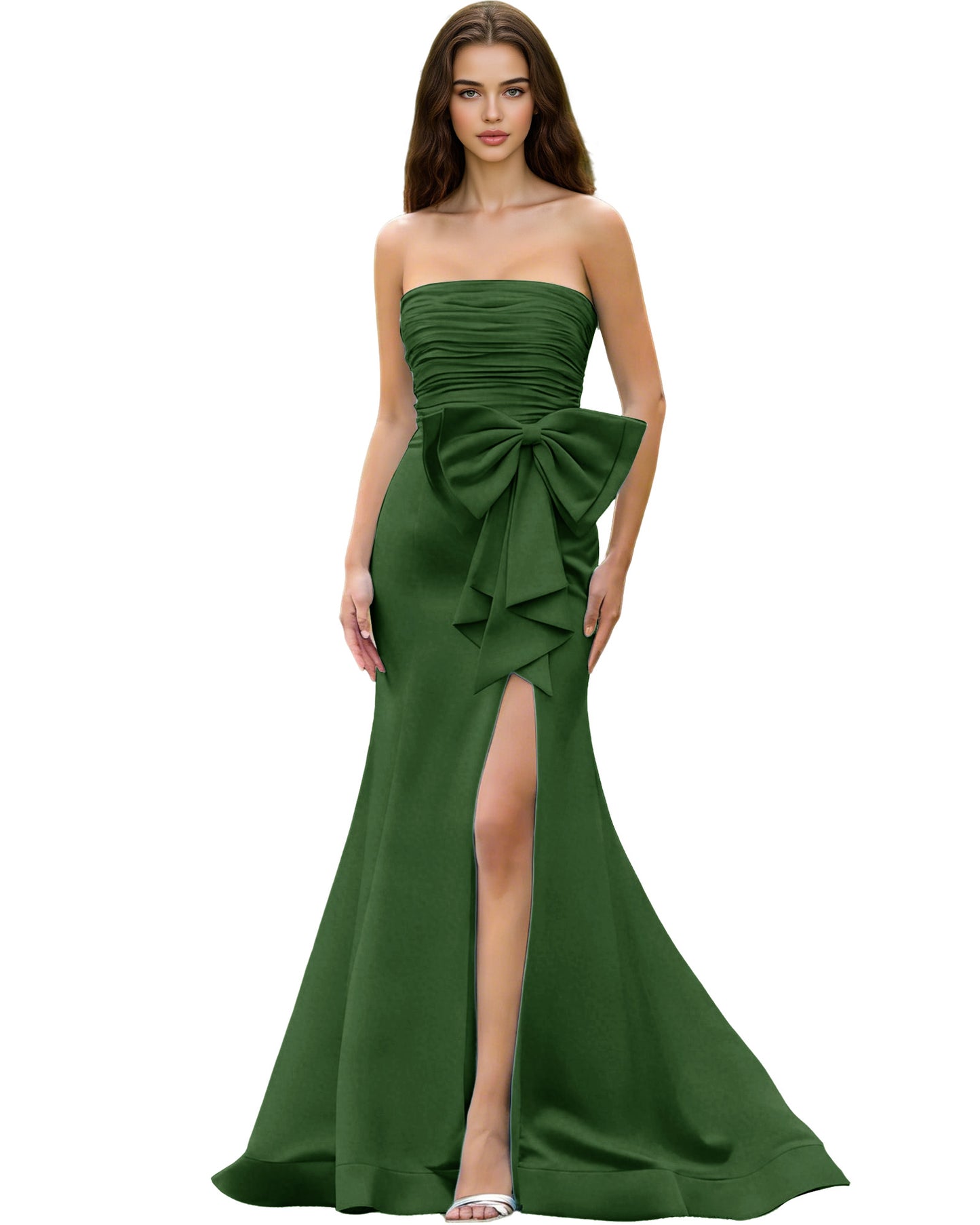 Strapless Bow Detail Satin Prom Dress with Ruched Bodice and Slit