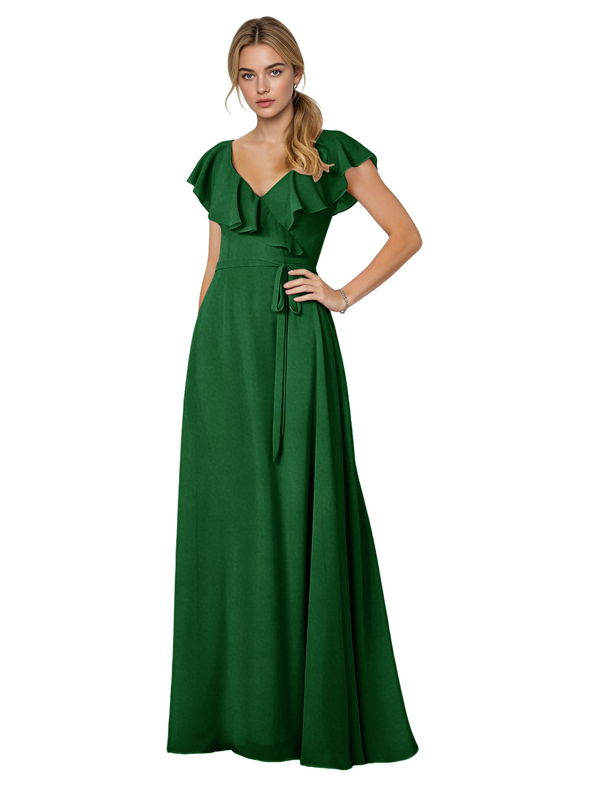 Tie Neck Chiffon Bridesmaid Dress with Flutter Sleeves