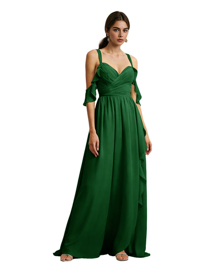 Cold Shoulder Chiffon Bridesmaid Dress with Draped V-Neck Bodice