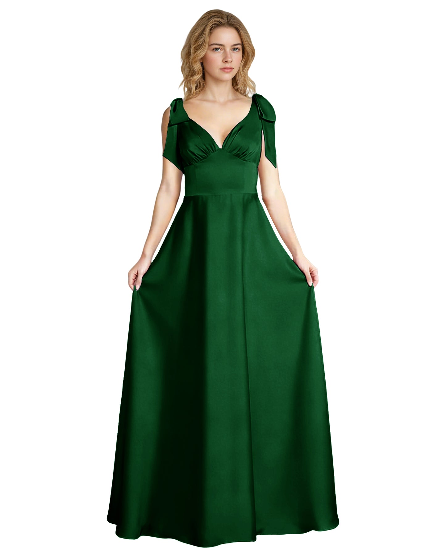 V-Neck Bow Strap Satin Bridesmaid Dress with Empire Waist