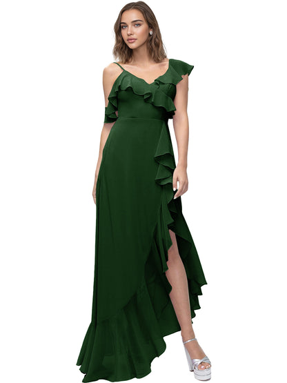 Asymmetrical Ruffle Chiffon Bridesmaid Dress with High Low Slit