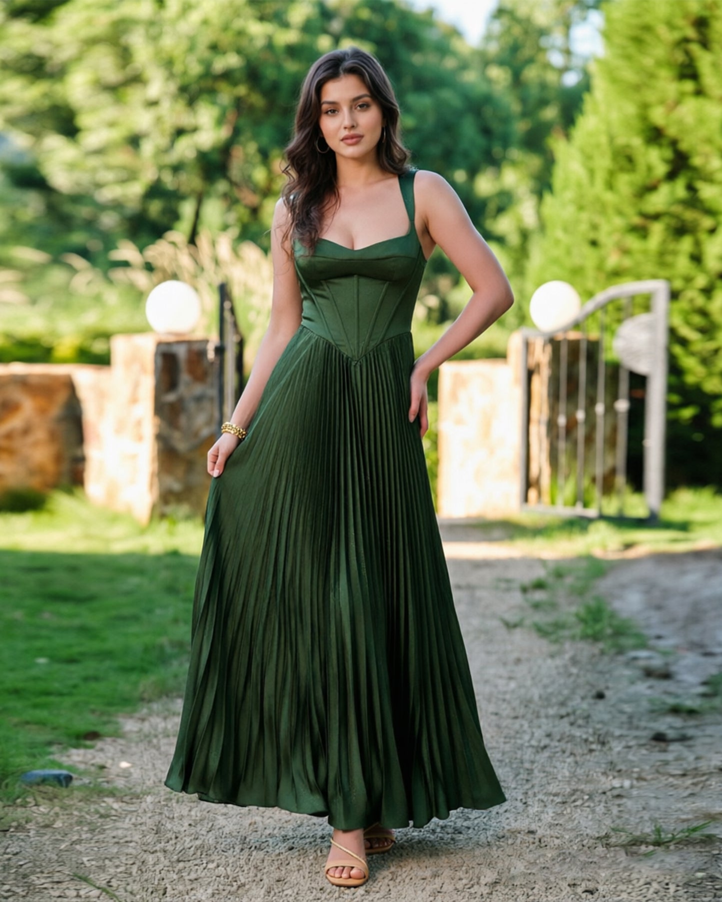 Square Neck Corset Pleated Formal Dress with Midi dress